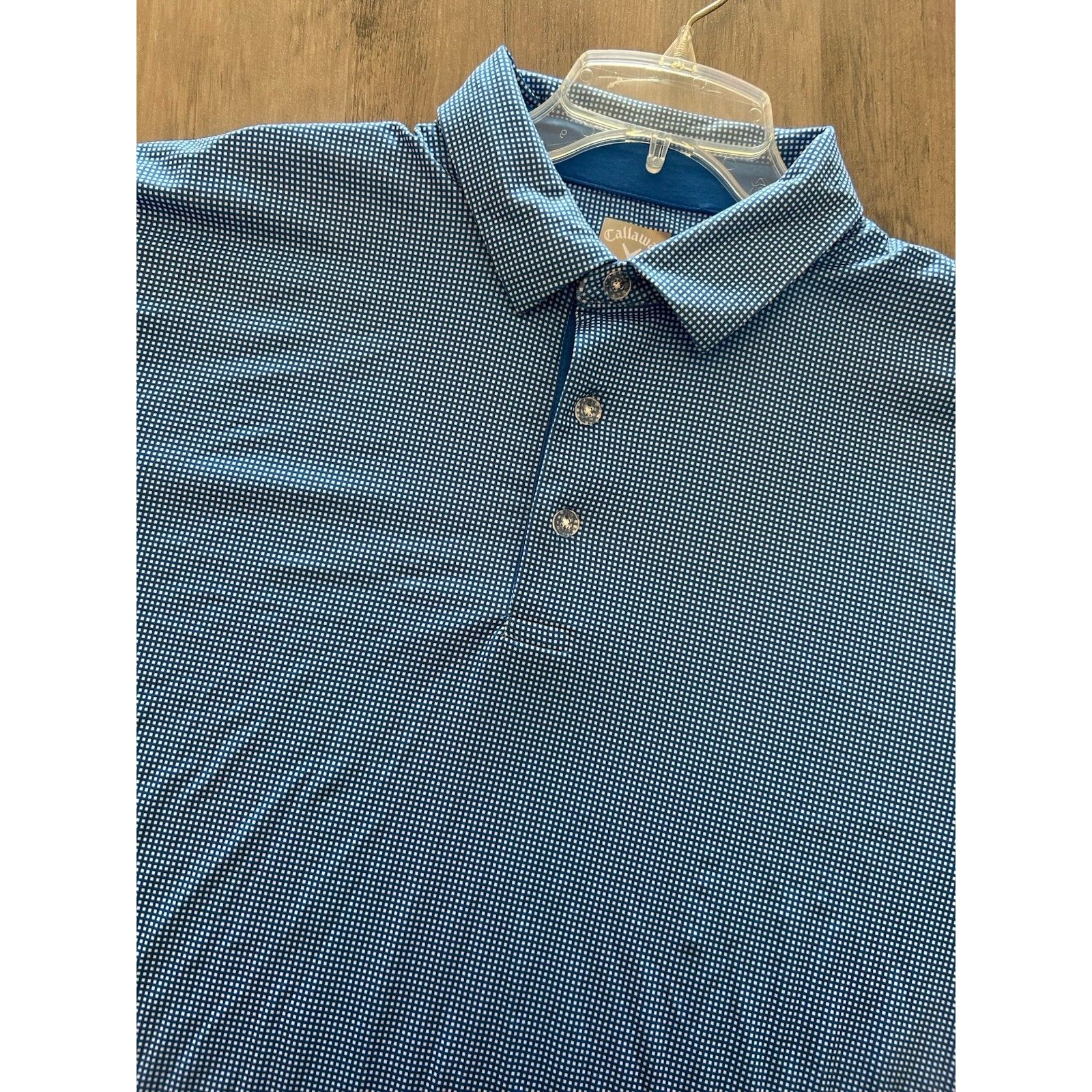Callaway Opti Dri Mens Large Blue Mini Gingham Check Golf Polo Shirt Performance
